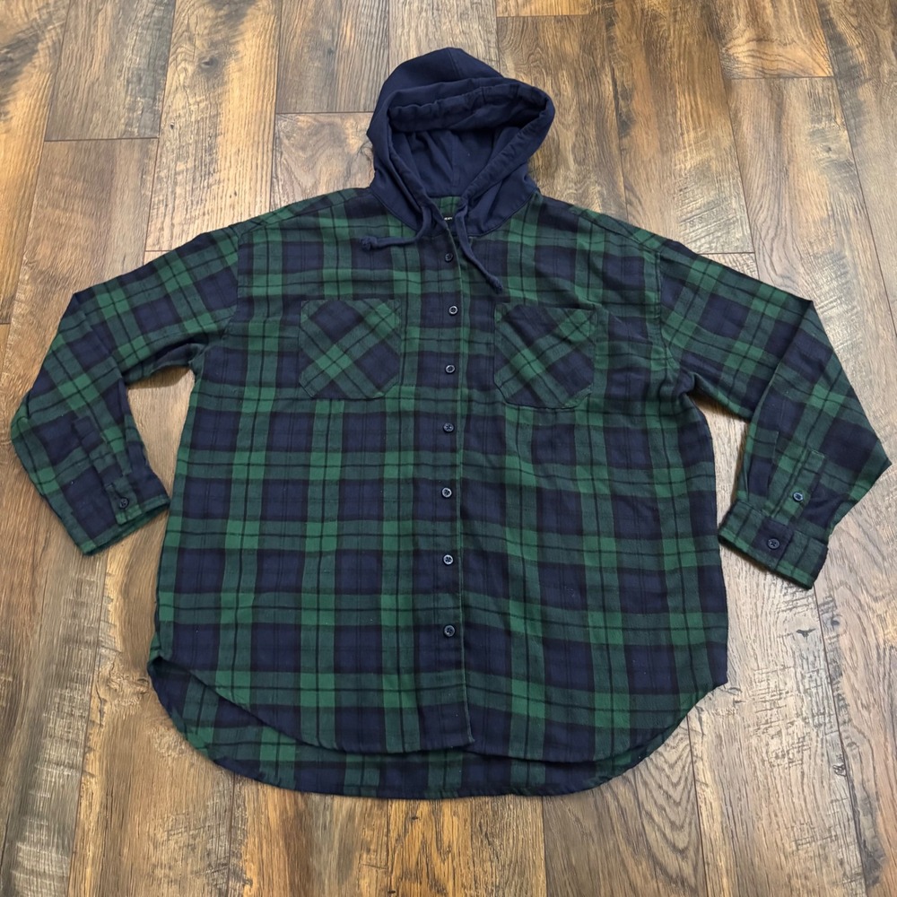 Silver Jeans Womens XL Green Navy Plaid Hooded Flannel Shirt Boyfriend Button Up